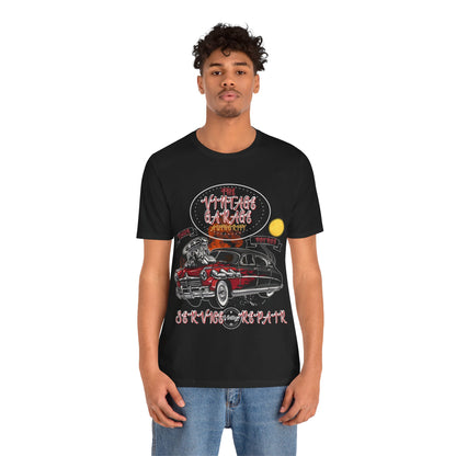 Vintage Car Lovers T-Shirt - Black with Red and White Accents Tee featuring Hot Rod & Fire Design! Perfect Vintage Car Enthusiasts T-Shirt