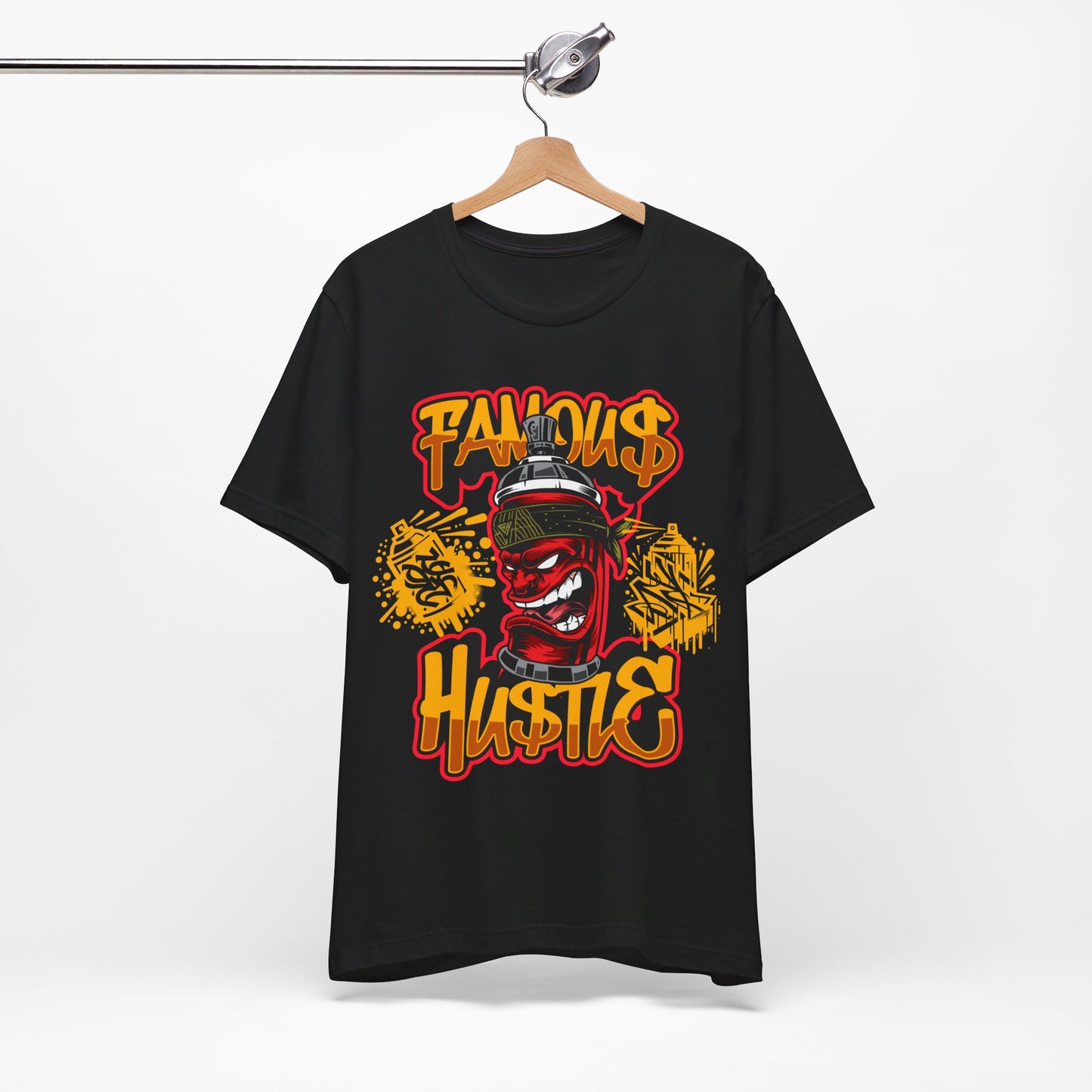 Bold Street Style Tee with 'Famous Hustle' Graffiti Art - Black Unisex Top