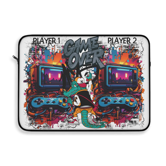 Unique Laptop Sleeve featuring Game Controllers, Crocodile Art, and Paint Splatter - Graffiti Style Design