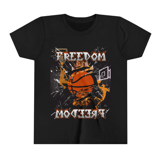 Freedom on Fire: Kids Basketball Tee with Basketball Nets, White Paint Splatter and Orange & Silver Accents