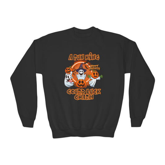 Pun King Gourd Luck Charm Kids Sweatshirt with Glowing Orange Background - Halloween Must-Have! Perfect Sweatshirt for Fall or Halloween