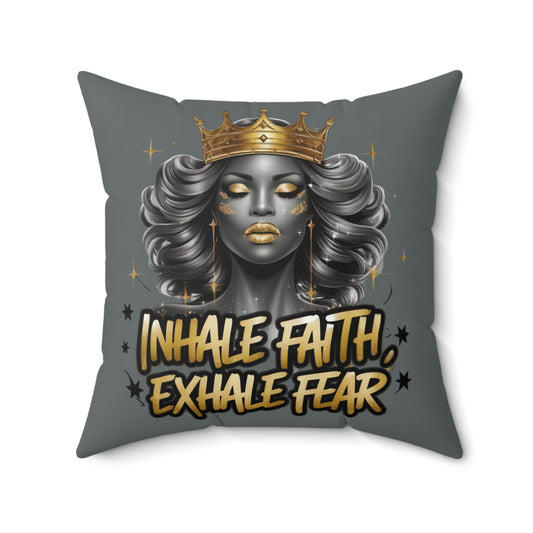 Inhale Faith Exhale Fear Pillow - Grey & Gold Decorative Cushion