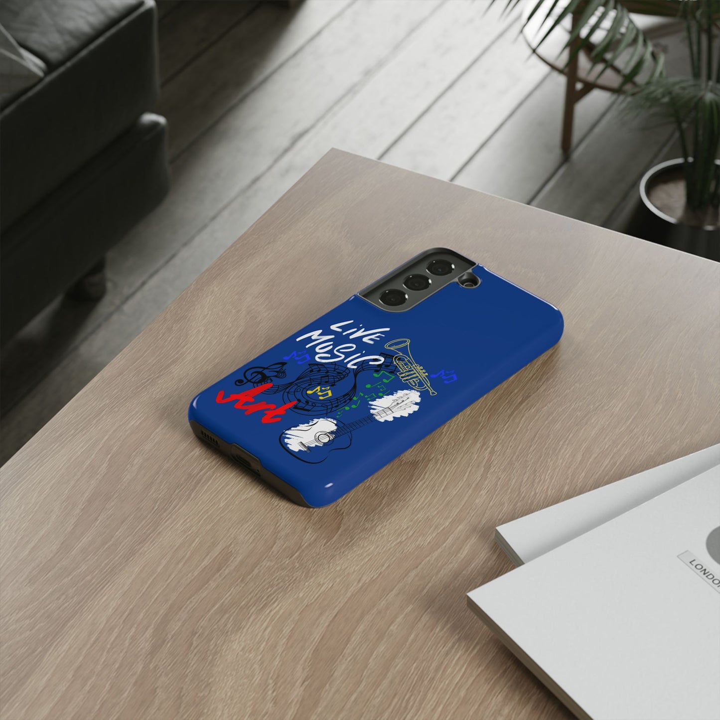 Dark Blue Live Music Art Samsung Galaxy Phone Case with Colorful Music Notes