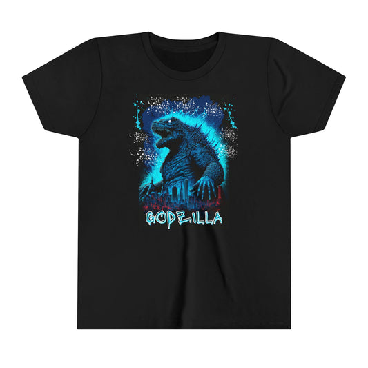 Kids' Graffiti Inspired Black Godzilla T-Shirt with Blue and White Splatter - Perfect for Godzilla Fans and Street Art Enthusiasts