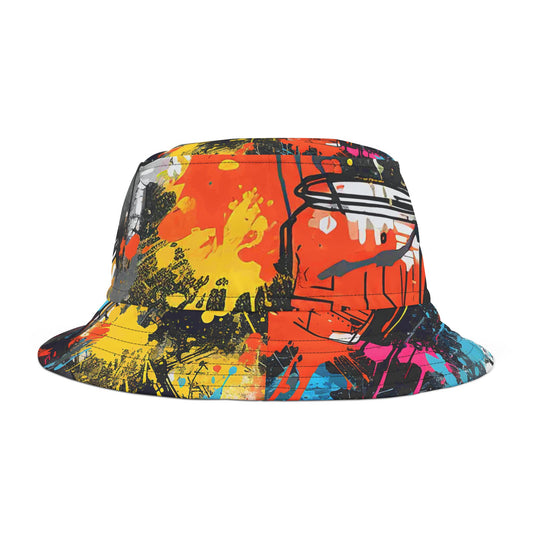 Vibrant Graffiti Bucket Hat - Street Style Masterpiece in Orange, Blue, Yellow, Pink