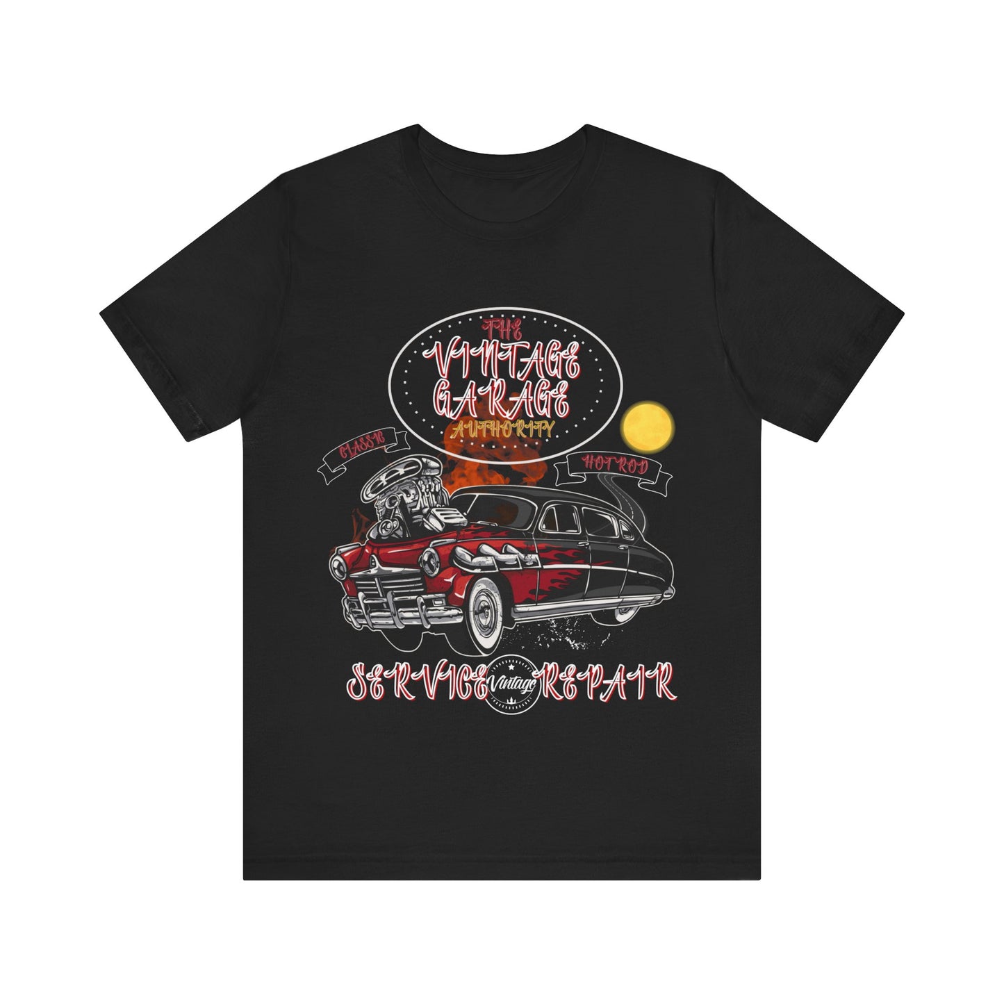 Vintage Car Lovers T-Shirt - Black with Red and White Accents Tee featuring Hot Rod & Fire Design! Perfect Vintage Car Enthusiasts T-Shirt