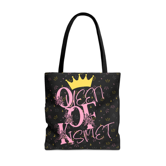 Stand Out with the Queen of Kismet Tote Bag - Black Artsy Handbag with Pink Graffiti Font, Gold Crown, and Royalty Background