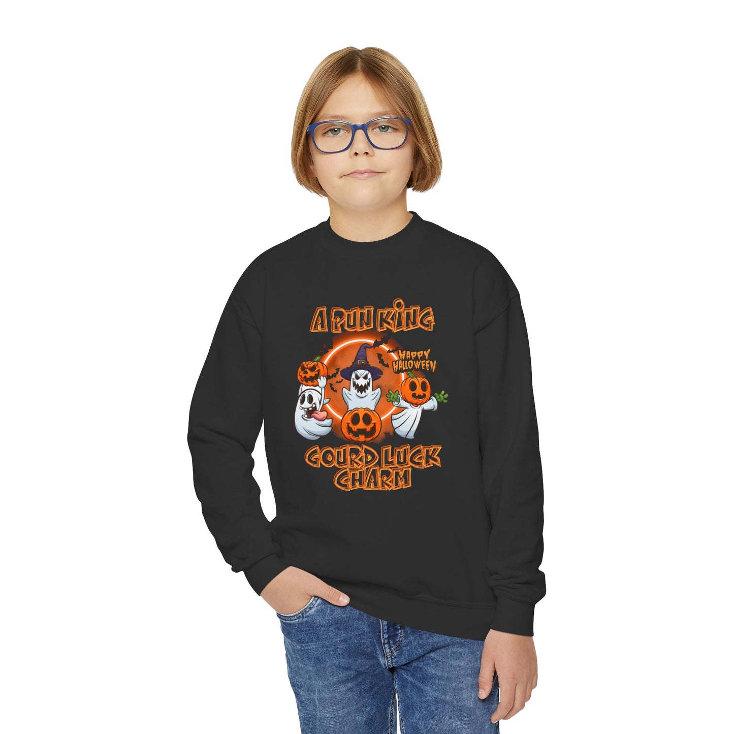 Pun King Gourd Luck Charm Kids Sweatshirt with Glowing Orange Background - Halloween Must-Have! Perfect Sweatshirt for Fall or Halloween