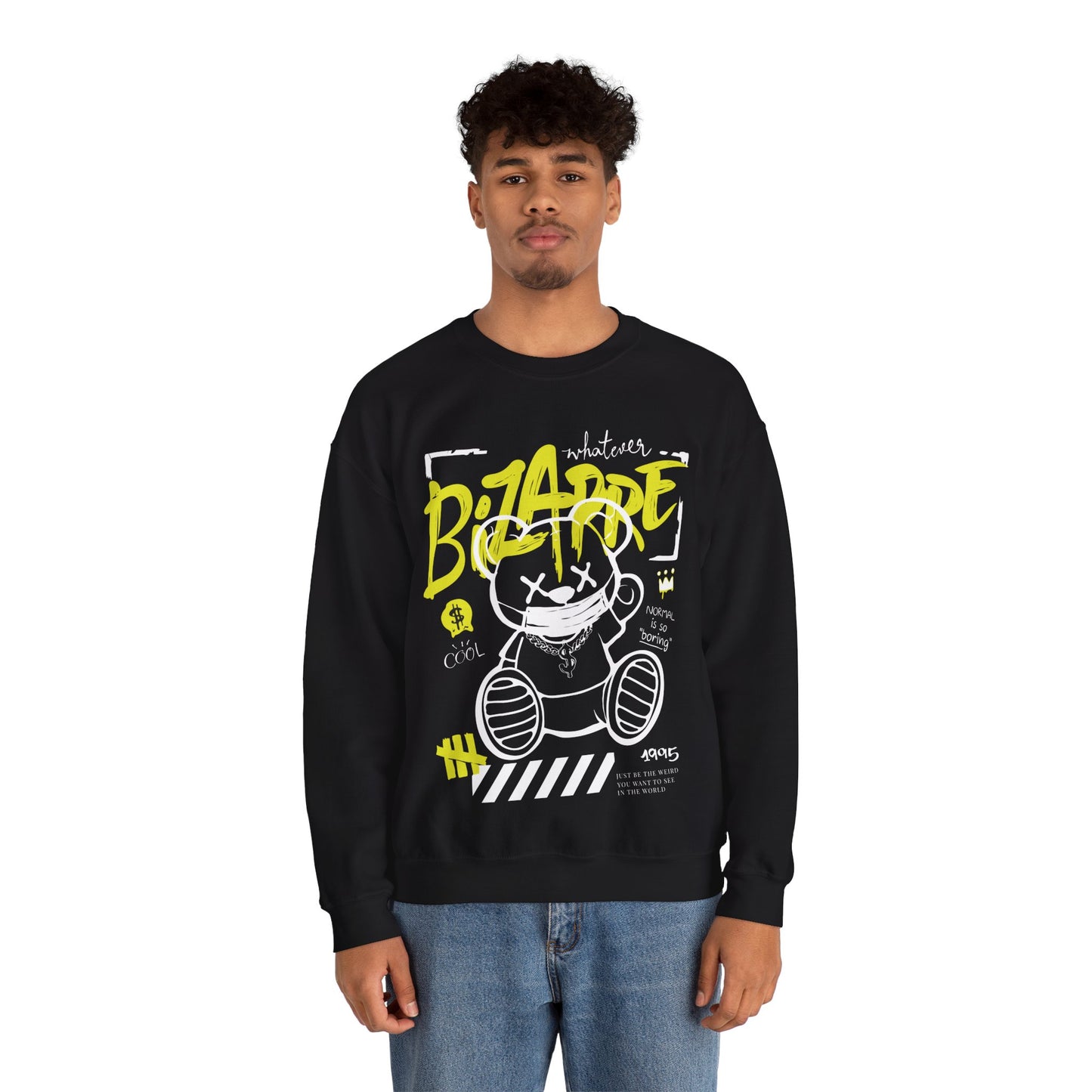 Bold Black Sweatshirt with Yellow and White Graffiti Print - Unique Fall Wear
