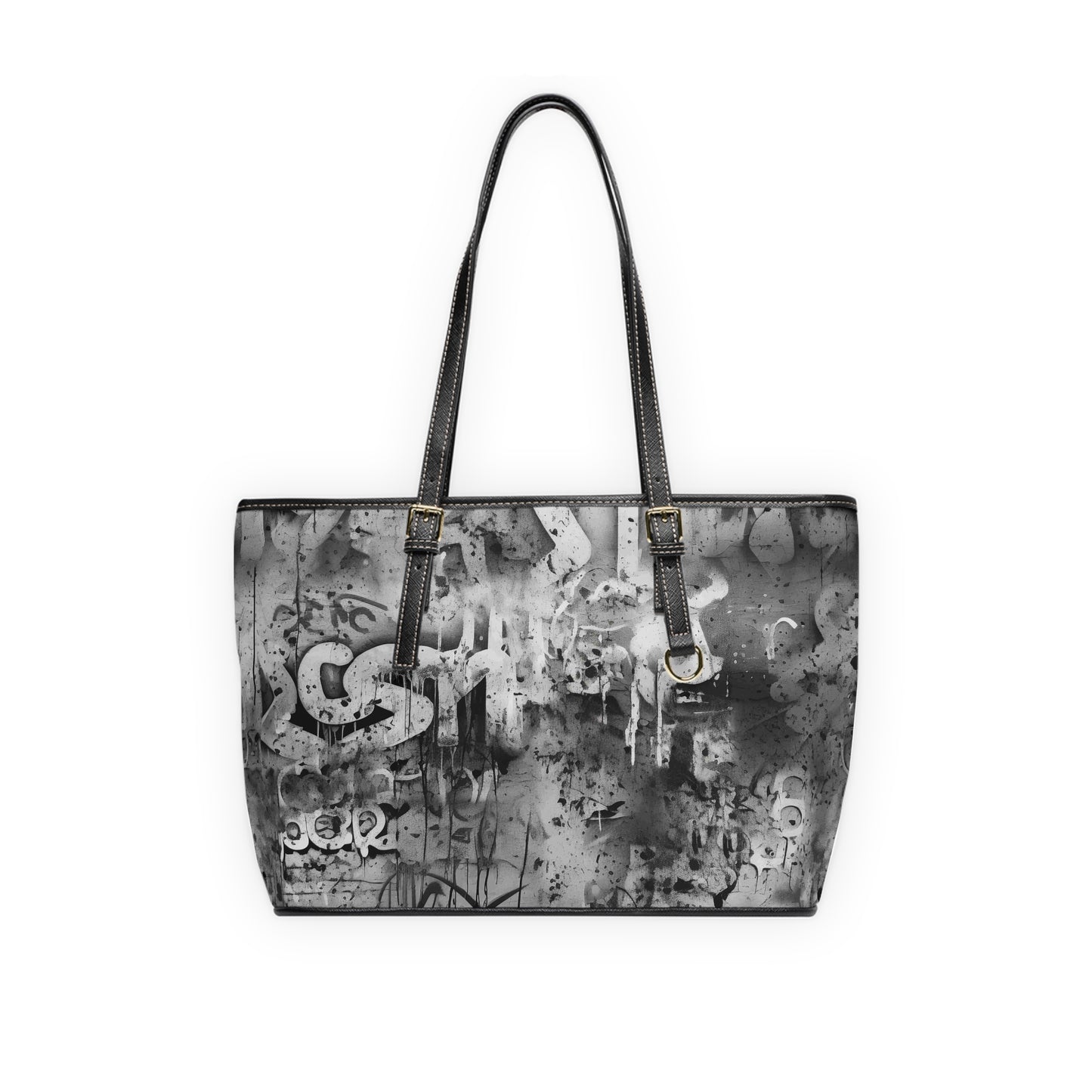 Gray and White Leather Graffiti Art Tote Bag with Splashes of Black Paint - Street Style Fashion Statement