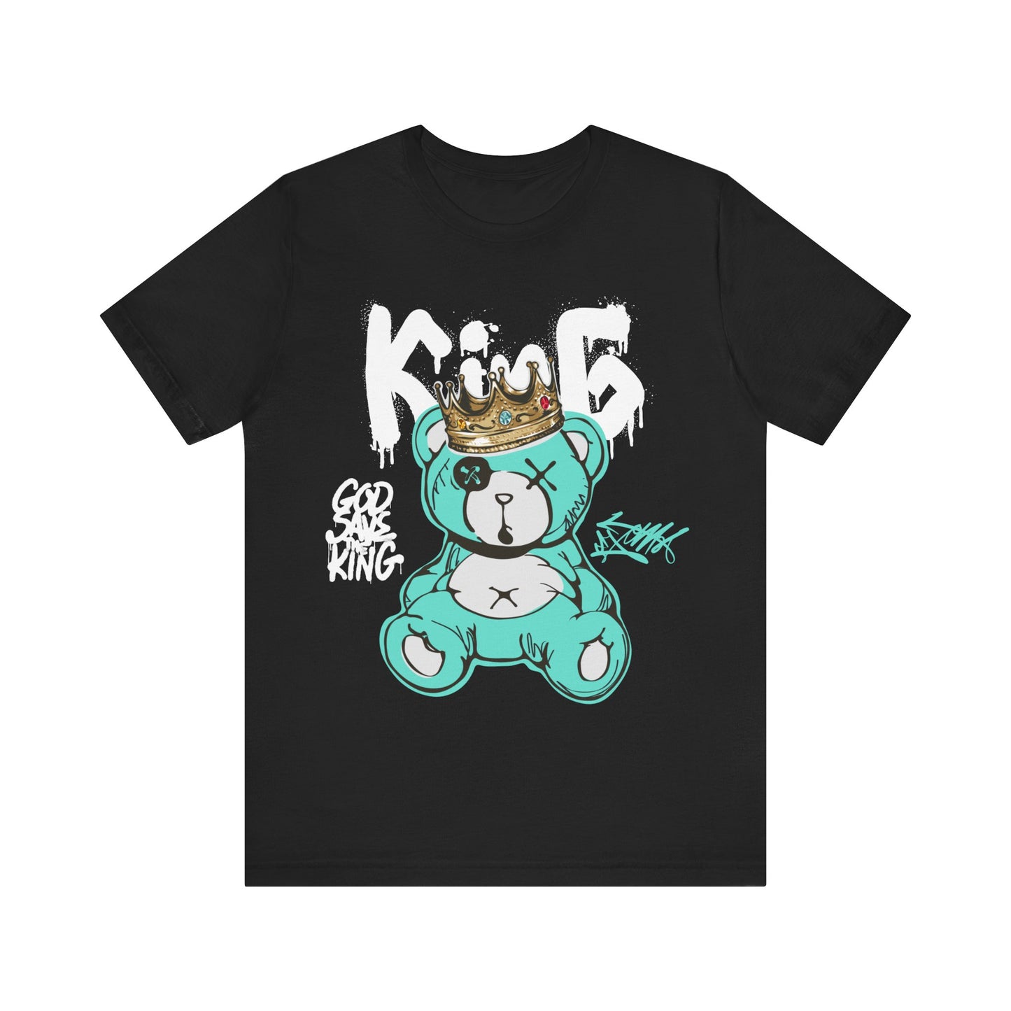 God Save The King Black Graffiti Unisex Tee - Blue Bear with Crown and Graffiti 'King' Font