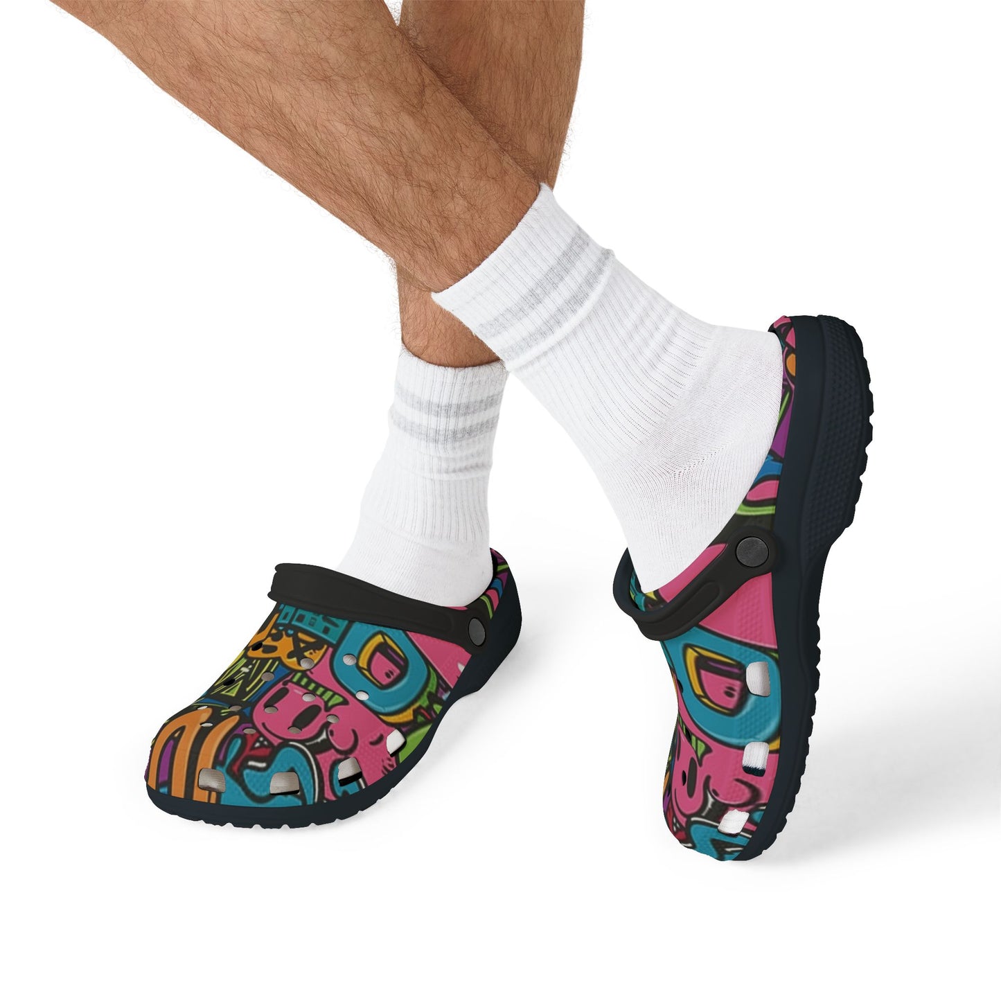 Colorful Melted Smiley Face Graffiti Print EVA Foam Rubber Shoes with Pink, Black, and Yellow – Fashion Forward Streetwear