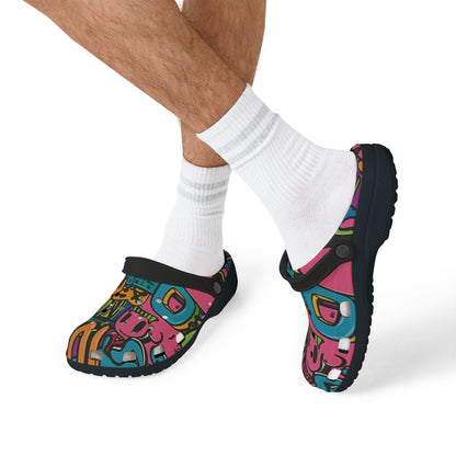 Colorful Melted Smiley Face Graffiti Print EVA Foam Rubber Shoes with Pink, Black, and Yellow – Fashion Forward Streetwear