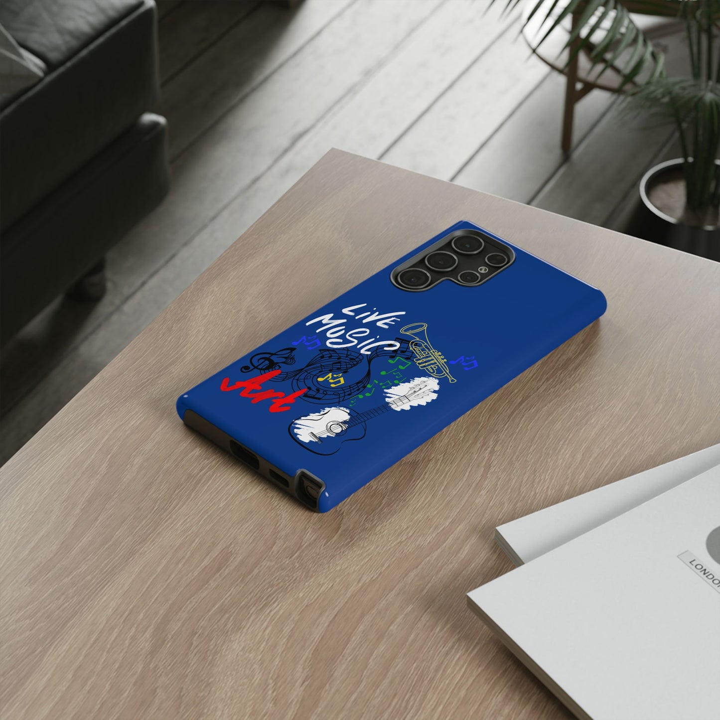 Dark Blue Live Music Art Samsung Galaxy Phone Case with Colorful Music Notes