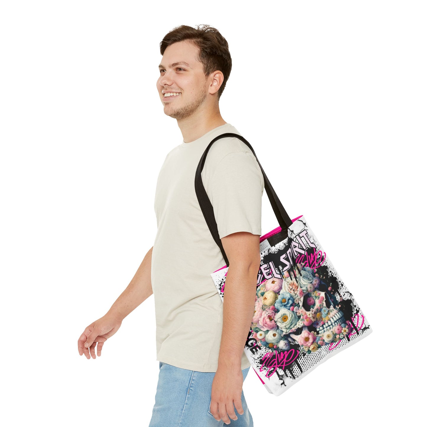Artistic 'Rebel Spirit' Tote - Unique Graffiti Style Skeleton & Flowers