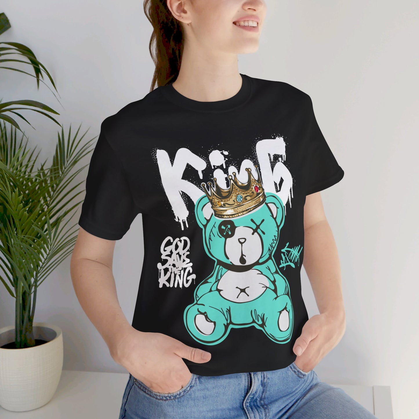 God Save The King Black Graffiti Unisex Tee - Blue Bear with Crown and Graffiti 'King' Font