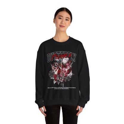 Black Butterfly Flower Adult Sweatshirt - Rose with Thorns and Butterflies - Lightning Creative Touch - Bloom with Grace