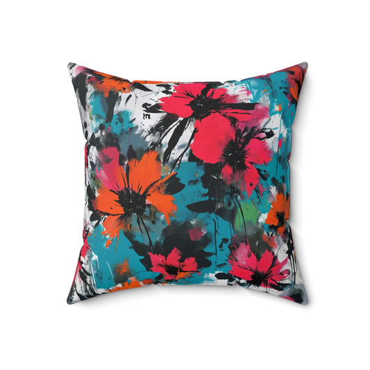 Floral Graffiti Art Throw Pillow - Vibrant Pink and Orange Flowers - Modern Home Accent