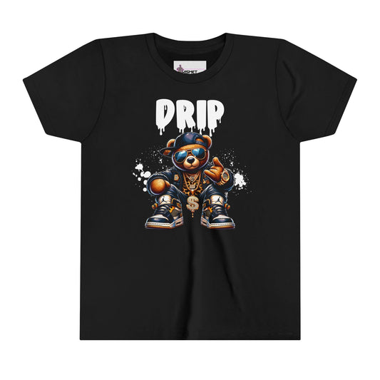 Black Kids Tee with Graffiti Bear & 'Drip' Design - Trendy Streetwear for Creative Fashion-Savvy Kids