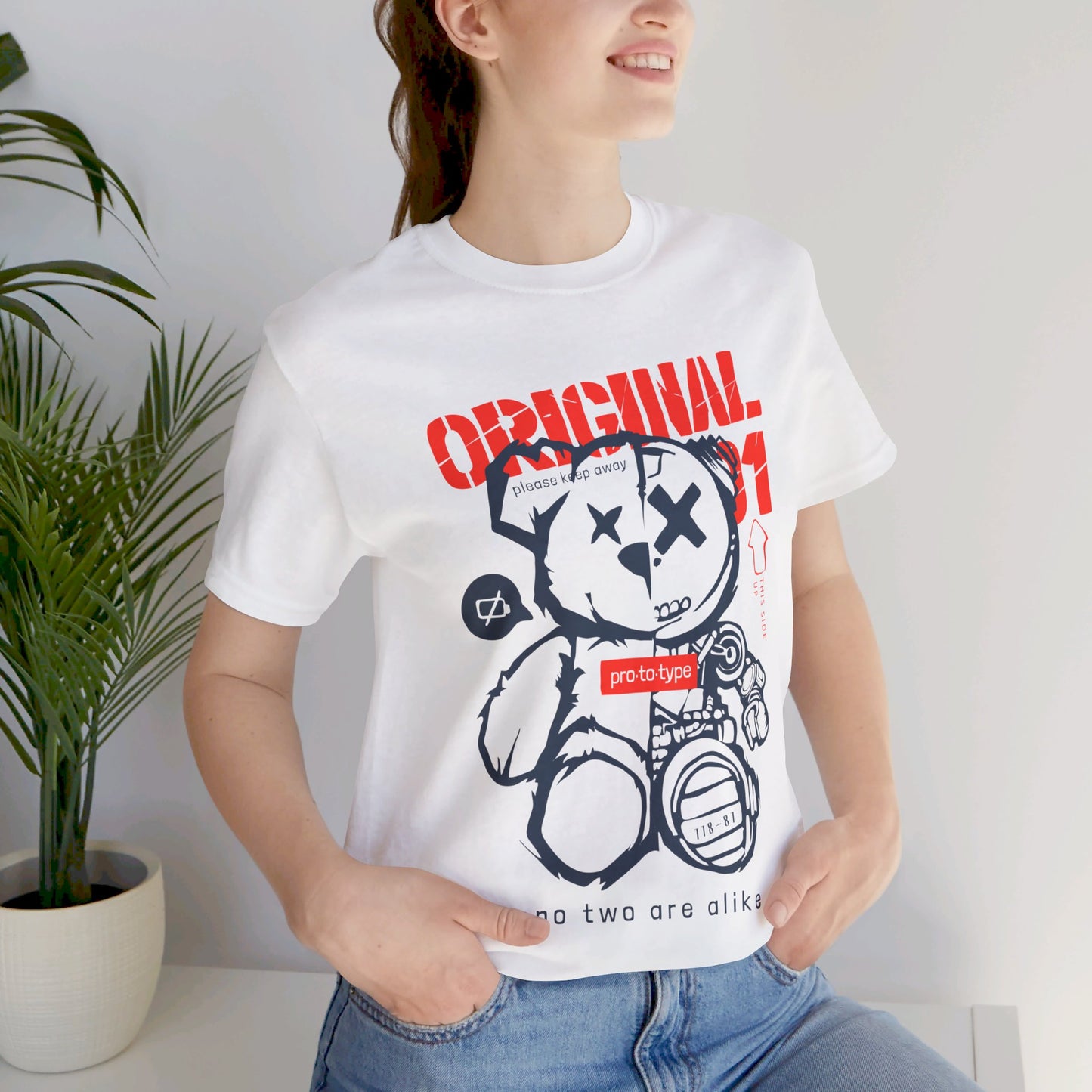 Prototype Original 1 White Unisex Tee - Graffiti Style Bear - Bold Red Font