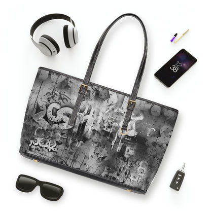 Gray and White Leather Graffiti Art Tote Bag with Splashes of Black Paint - Street Style Fashion Statement