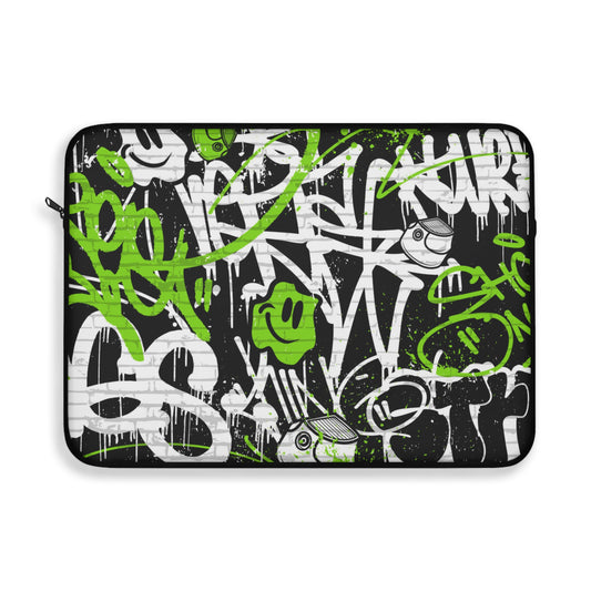 Green & White Smiley Faces Laptop Sleeve - Graffiti Street Style Merger