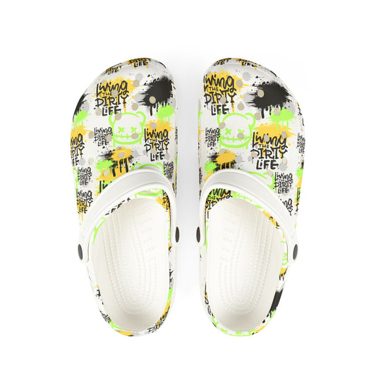 Living The Dirty Life EVA Foam Rubber Shoes - Graffiti Bear Print with Green, Yellow, and Black Paint Brush Strokes