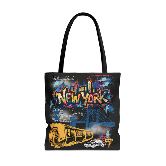 New York City Boroughs Tote Bag with Subway and Taxi Design