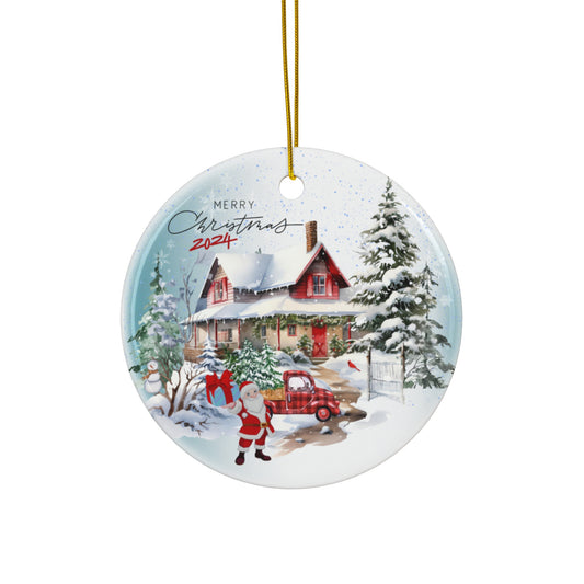 Christmas 2024 Snowy Cottage Ornament - Scenic Winter View with Red Pickup Truck and Snowy Trees - Perfect Holiday Decoration