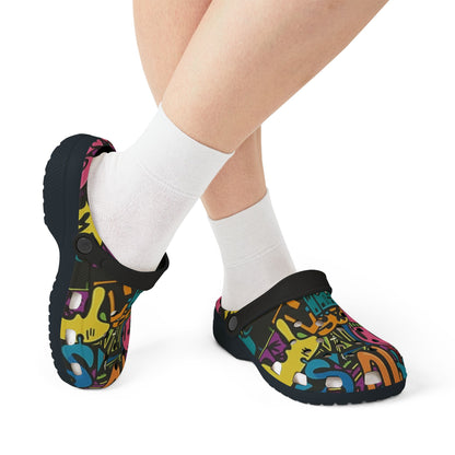 Colorful Melted Smiley Face Graffiti Print EVA Foam Rubber Shoes with Pink, Black, and Yellow – Fashion Forward Streetwear
