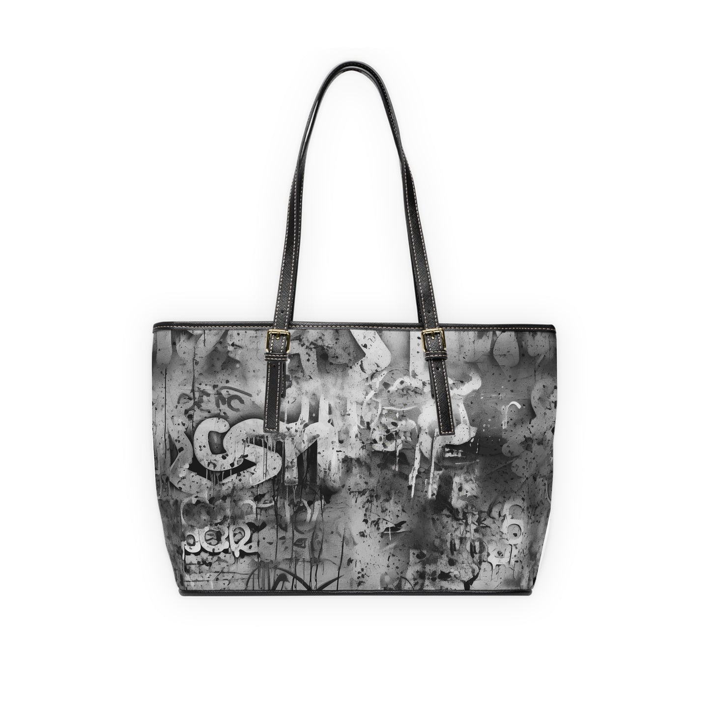 Gray and White Leather Graffiti Art Tote Bag with Splashes of Black Paint - Street Style Fashion Statement