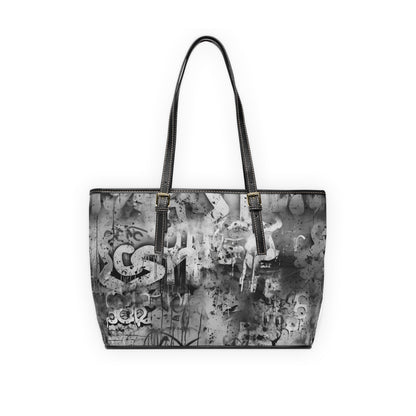 Gray and White Leather Graffiti Art Tote Bag with Splashes of Black Paint - Street Style Fashion Statement