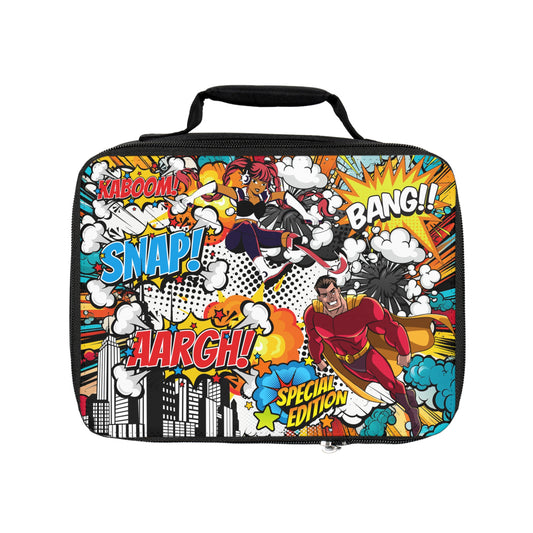 Comic Book Superheroes Lunch Bag with Fire & City Skyline - One-of-a-Kind Pop Art Design