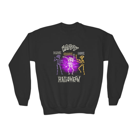 Colorful Skeletons Kid's Sweatshirt, Happy Halloween Dance, Move, Groove! Perfect Black Sweatshirt for Fall or Halloween