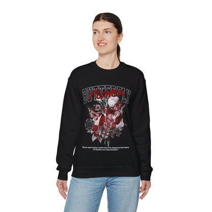 Black Butterfly Flower Adult Sweatshirt - Rose with Thorns and Butterflies - Lightning Creative Touch - Bloom with Grace