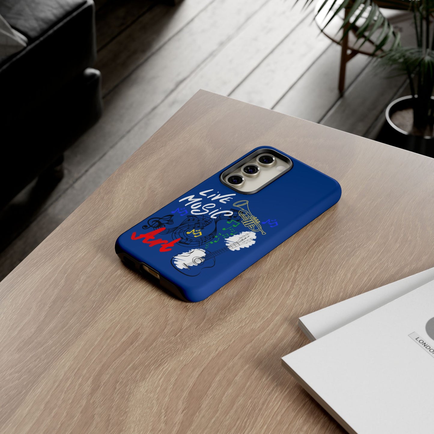 Dark Blue Live Music Art Samsung Galaxy Phone Case with Colorful Music Notes