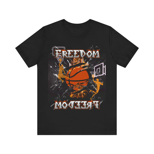 Ignite the Court: Adult Basketball Tee with Fire-inspired Design, Basketball Nets, and Vibrant Orange & Silver Accents