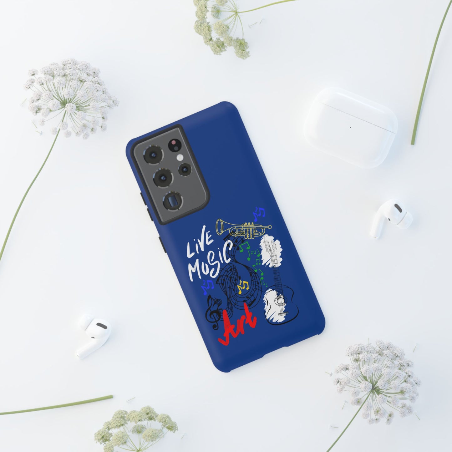 Dark Blue Live Music Art Samsung Galaxy Phone Case with Colorful Music Notes