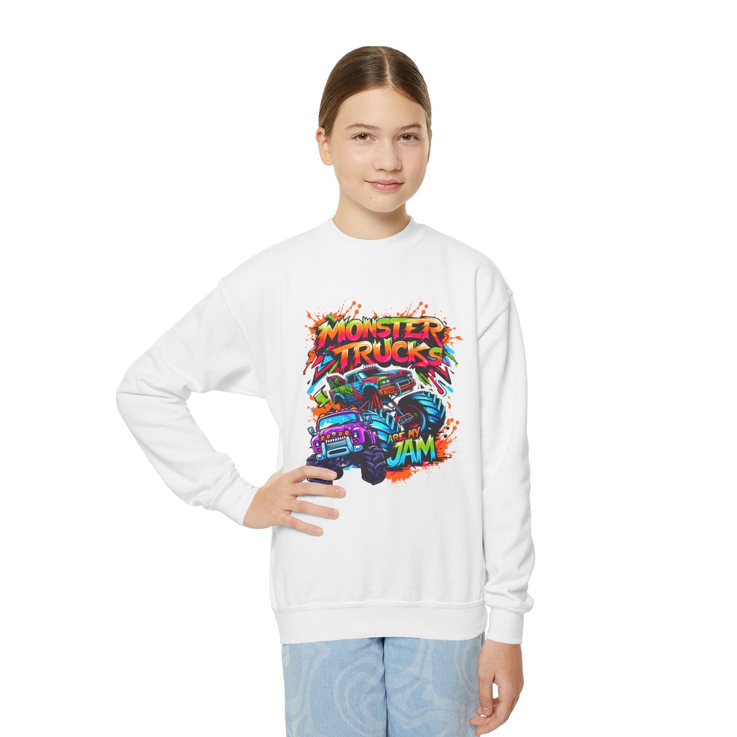 Graffiti Style Monster Trucks Kid Sweatshirt - High-Speed Racing Adventure Wear