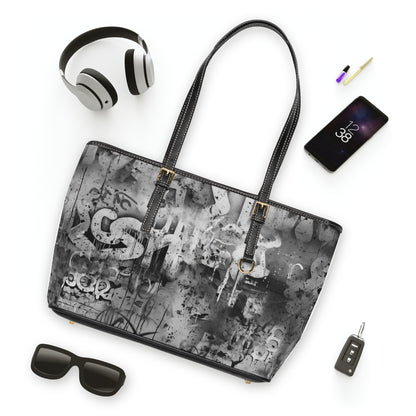 Gray and White Leather Graffiti Art Tote Bag with Splashes of Black Paint - Street Style Fashion Statement
