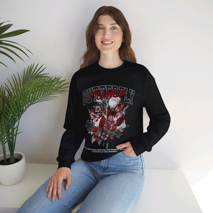 Black Butterfly Flower Adult Sweatshirt - Rose with Thorns and Butterflies - Lightning Creative Touch - Bloom with Grace