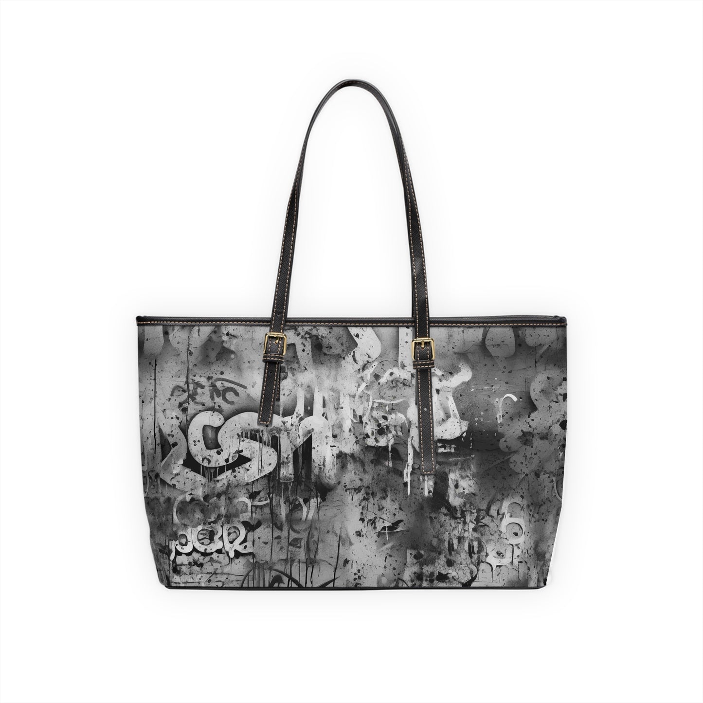 Gray and White Leather Graffiti Art Tote Bag with Splashes of Black Paint - Street Style Fashion Statement