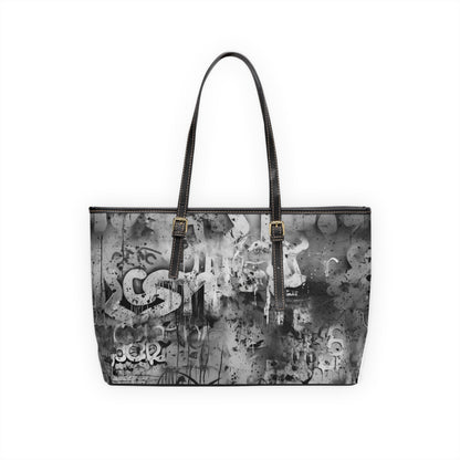 Gray and White Leather Graffiti Art Tote Bag with Splashes of Black Paint - Street Style Fashion Statement