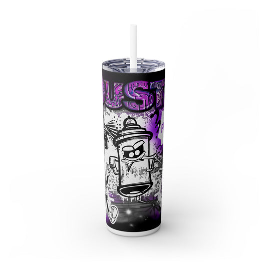 Graffiti Art Dusty Free Tumbler - Airbrush Style with White Spray Paint Cans - Purple and Gray Design