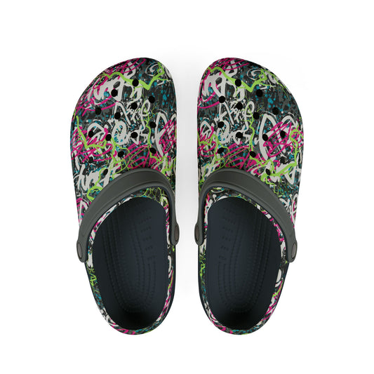 Graffiti Meets Comfort EVA Rubber Foam Shoes - Pink, Blue, and Green Collide to Create Fashionable Footwear