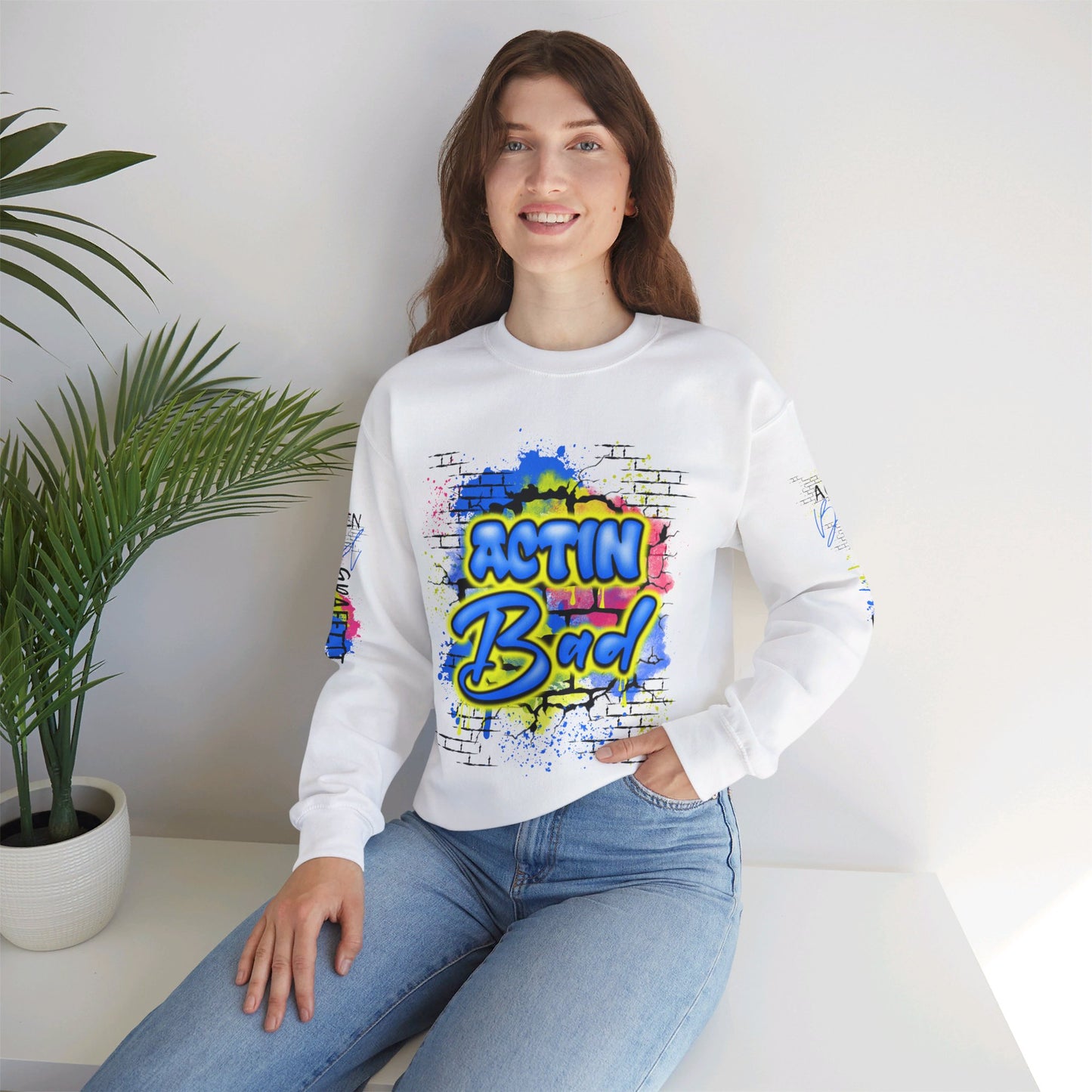 Limited Edition 'Actin Bad' Spray Paint Graffiti Style Sweatshirt - Pink, Blue, Yellow - Artistic Fashion Statement