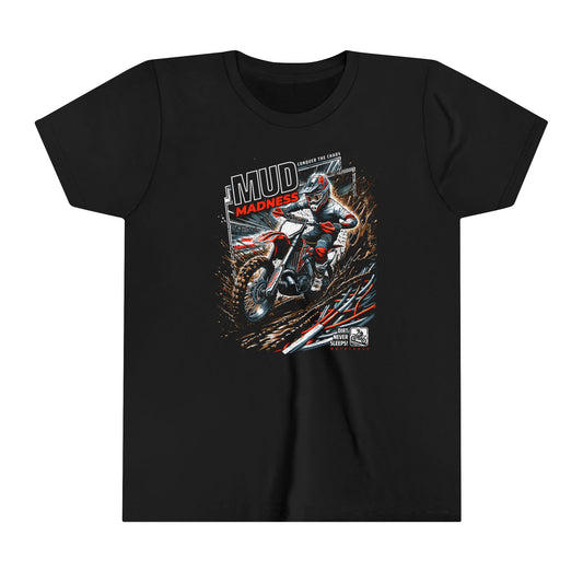 Conquer the Chaos Mud Madness Dirt Biker Kid Tee | Red & White Lettering | Motocross Shirt for Kids