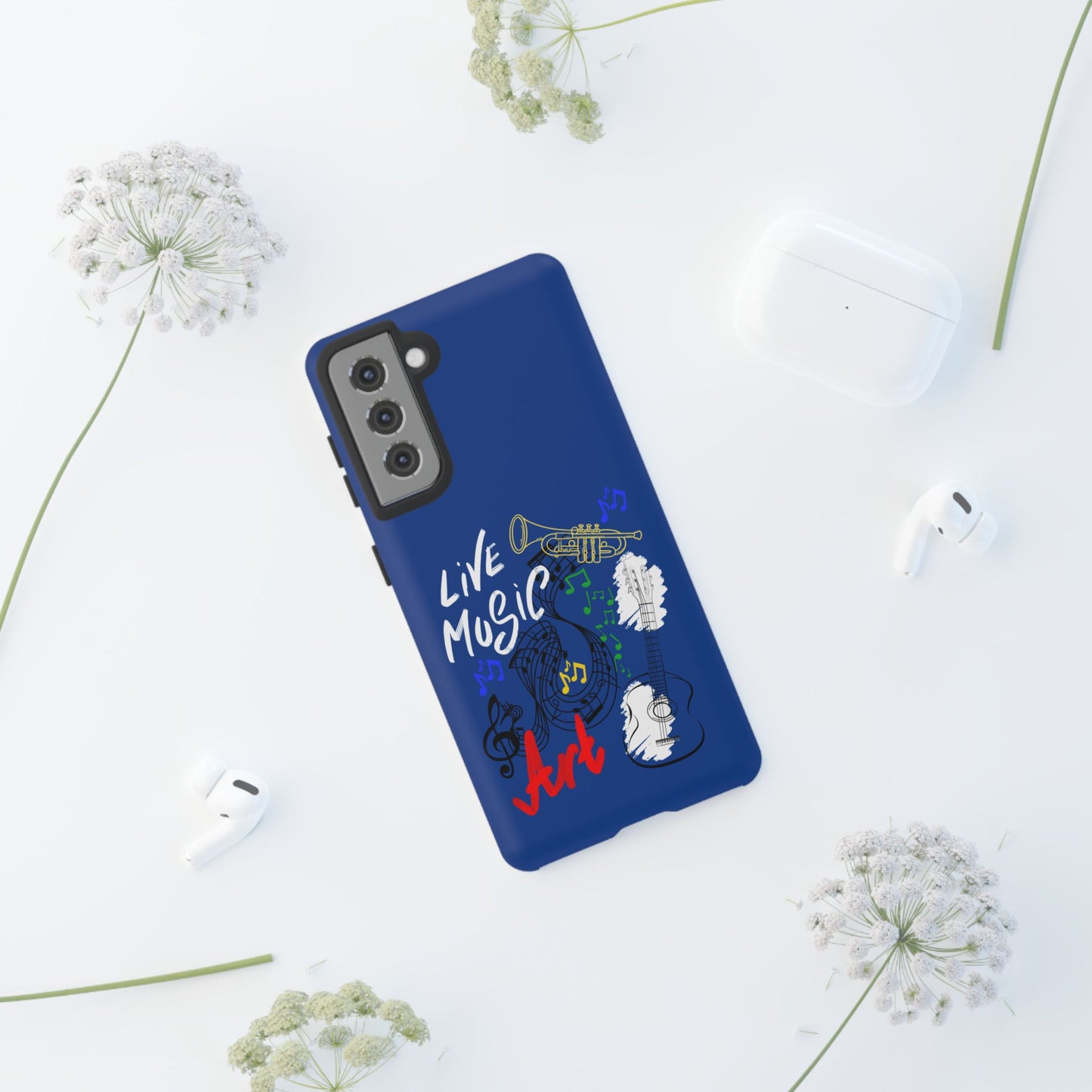Dark Blue Live Music Art Samsung Galaxy Phone Case with Colorful Music Notes