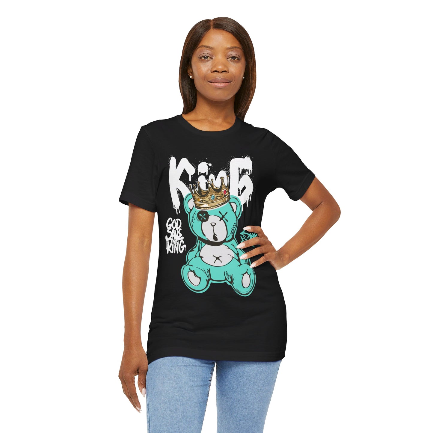 God Save The King Black Graffiti Unisex Tee - Blue Bear with Crown and Graffiti 'King' Font