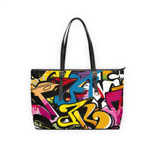 Colorful Street Art Leather Bag with Abstract Shapes - Graffiti Style Fashion Statement